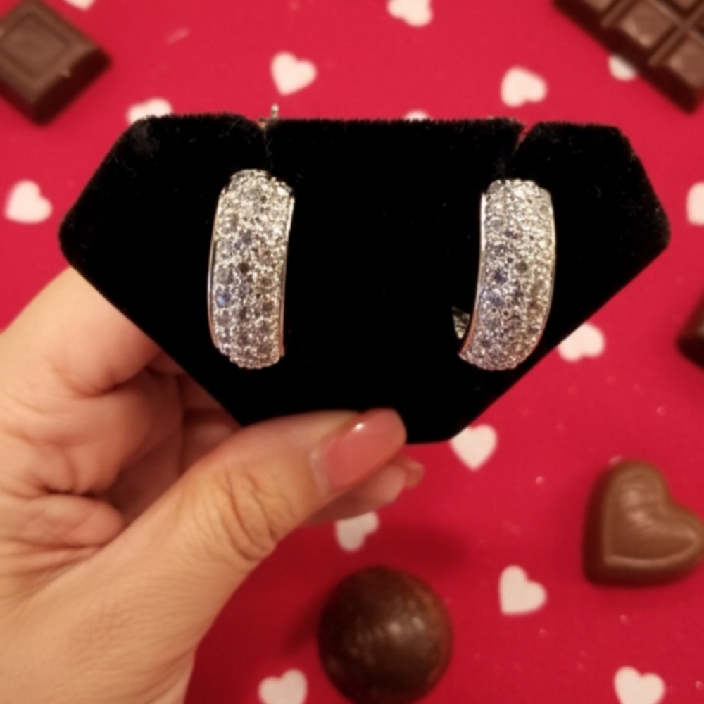 Sterling Silver Earrings Huggie Hoop 925 Crystal Pave Rhinestones